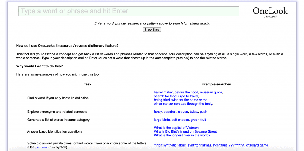 OneLook’s Reverse Dictionary: Best Writer Tools 2020