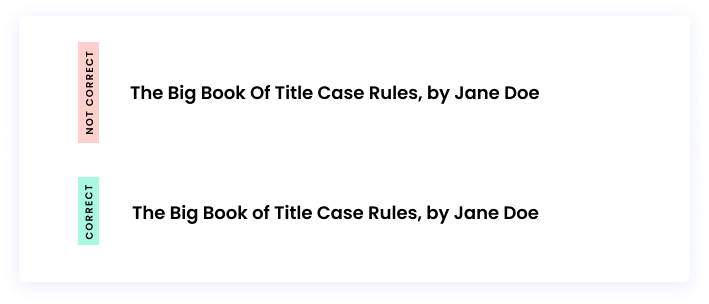 Correct: The Big Book of Title Case Rules, by Jane Doe Incorrect: The Big Book Of Title Case Rules, by Jane Doe