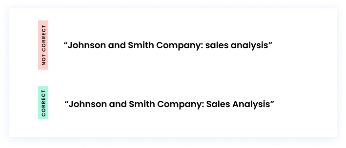 Correct: “Johnson and Smith Company: Sales Analysis” Incorrect: “Johnson and Smith Company: sales analysis”