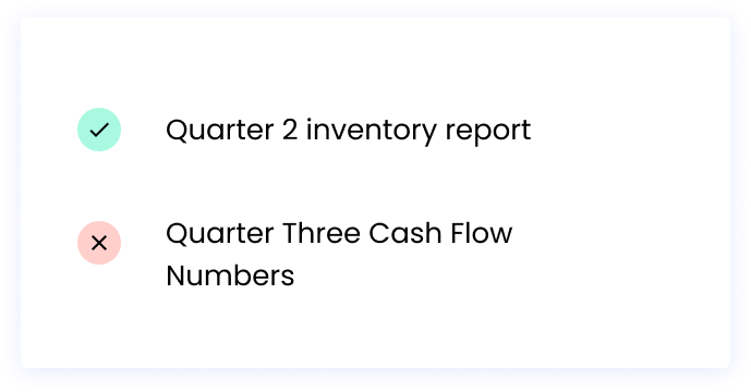 Correct: Quarter 2 inventory report Incorrect: Quarter Three Cash Flow Numbers