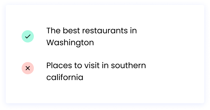 Correct: The best restaurants in Washington Incorrect: Places to visit in southern california 