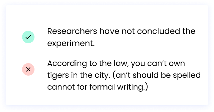 Correct: Researchers have not concluded the experiment. Incorrect: According to the law, you can’t own tigers in the city. (an’t should be spelled cannot for formal writing.)