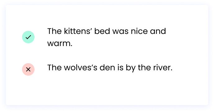 Correct: The kittens’ bed was nice and warm. Incorrect: The wolves’s den is by the river.