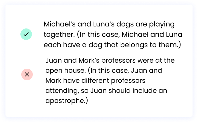 Correct: Michael’s and Luna’s dogs are playing together. (In this case, Michael and Luna each have a dog that belongs to them.) Incorrect: Juan and Mark’s professors were at the open house. (In this case, Juan and Mark have different professors attending, so Juan should include an apostrophe.)