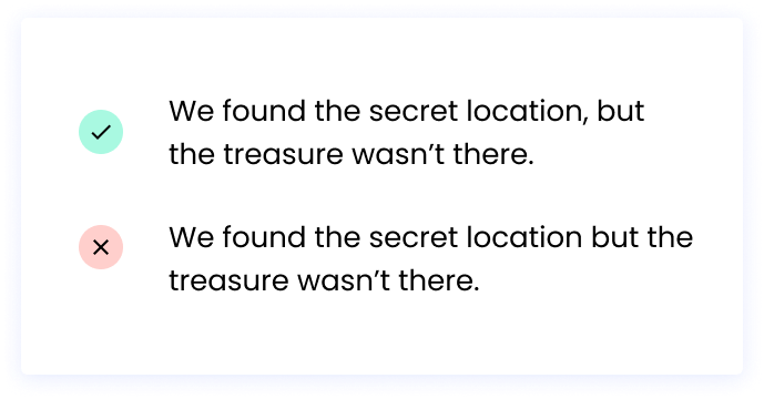 Correct: We found the secret location, but the treasure wasn’t there. Incorrect: We found the secret location but the treasure wasn’t there. 