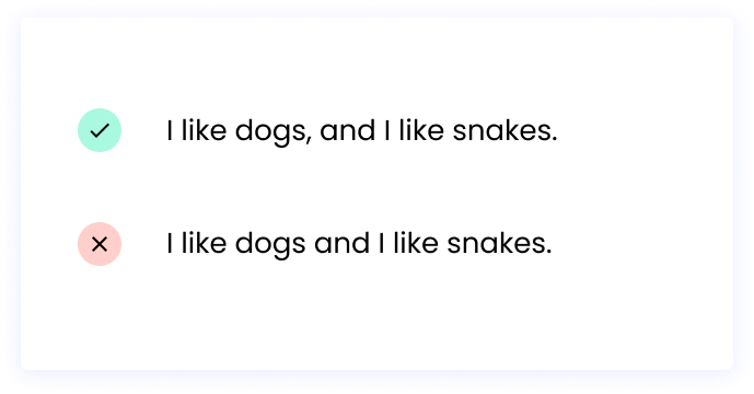 Correct: I like dogs, and I like snakes. Incorrect: I like dogs and I like snakes.