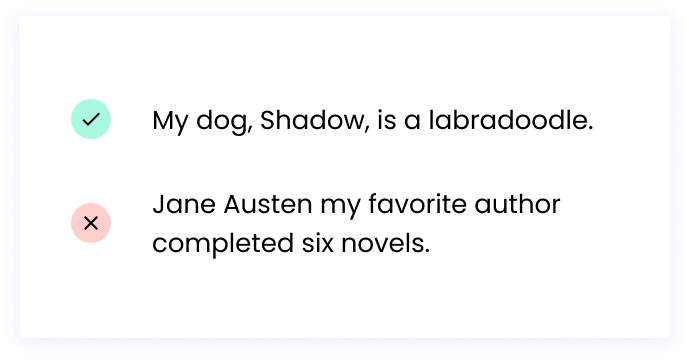 Correct: My dog, Shadow, is a labradoodle.  Incorrect: Jane Austen my favorite author completed six novels. 