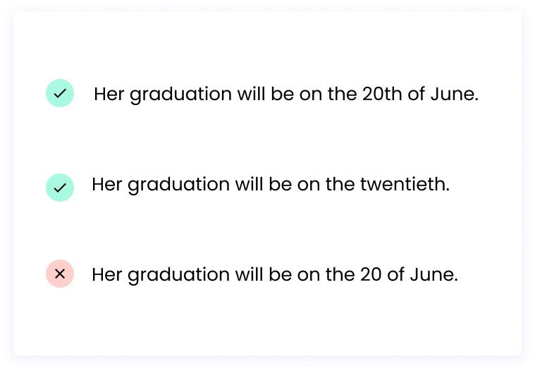 Correct: Her graduation will be on the 20th of June. Correct: Her graduation will be on the twentieth. Incorrect: Her graduation will be on the 20 of June.