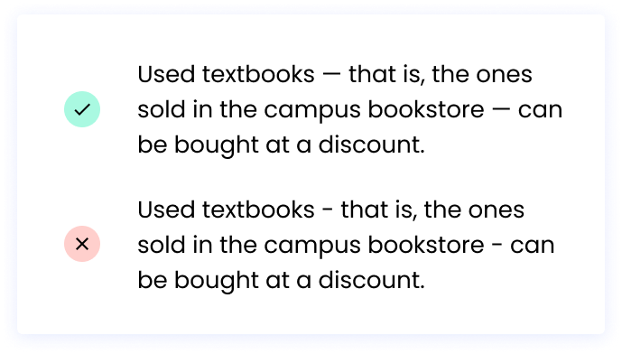 Correct: Used textbooks — that is, the ones sold in the campus bookstore — can be bought at a discount. Incorrect: Used textbooks - that is, the ones sold in the campus bookstore - can be bought at a discount.