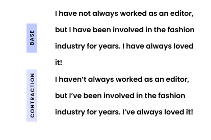 Contractions: I haven’t always worked as an editor, but I’ve been involved in the fashion industry for years. I’ve always loved it! No contractions: I have not always worked as an editor, but I have been involved in the fashion industry for years. I have always loved it!