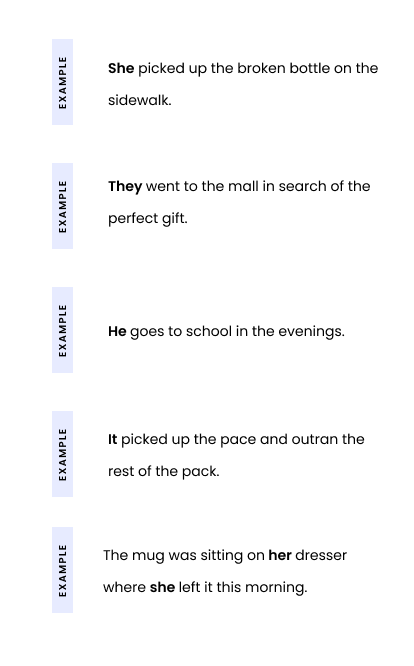 Example 1: She picked up the broken bottle on the sidewalk. Example 2: They went to the mall in search of the perfect gift. Example 3: He goes to school in the evenings. Example 4: It picked up the pace and outran the rest of the pack. Example 5: The mug was sitting on her dresser where she left it this morning.