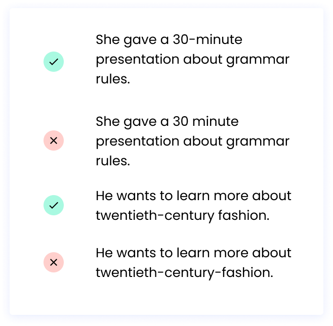 Correct: She gave a 30-minute presentation about grammar rules. Incorrect: She gave a 30 minute presentation about grammar rules. Correct: He wants to learn more about twentieth-century fashion. Incorrect: He wants to learn more about twentieth-century-fashion.
