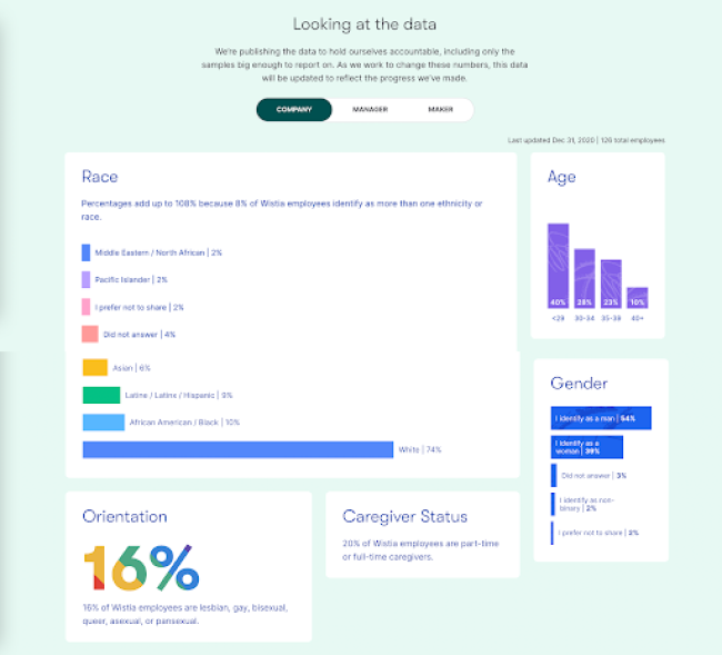 Wistia has organized its employee demographics into interactive bar graphs and colorful statistics. Image Source: Wistia DEI page