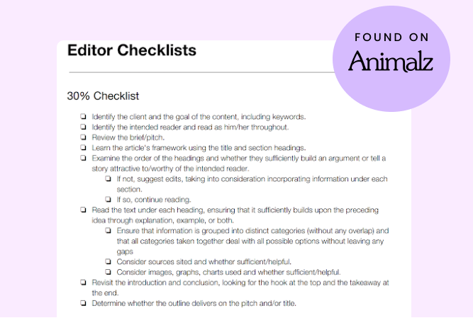 Screenshots of the Animalz editor checklists.