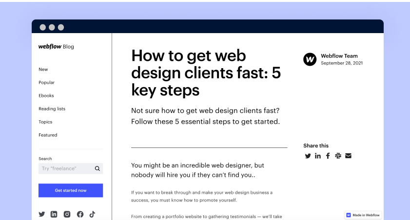 Screenshot from Webflow blog post on web design client tips.