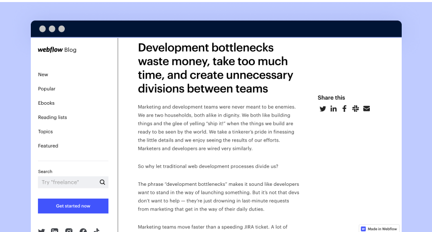 Screenshot of a Webflow blog post on the no-code movement.