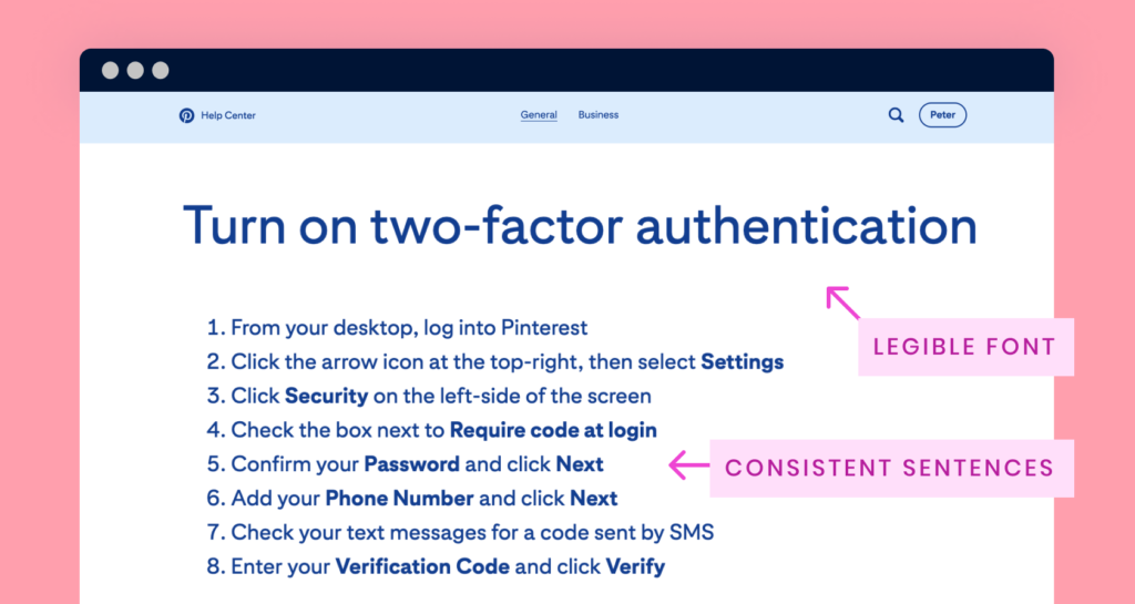 Screenshot of Pinterest's 2FA instructions