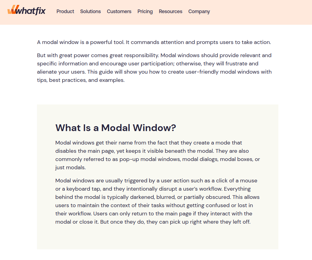 A screenshot of Whatfix's blog post, UX Guide to Modal Windows, that includes a callout section with the title “What Is a Modal Window?”