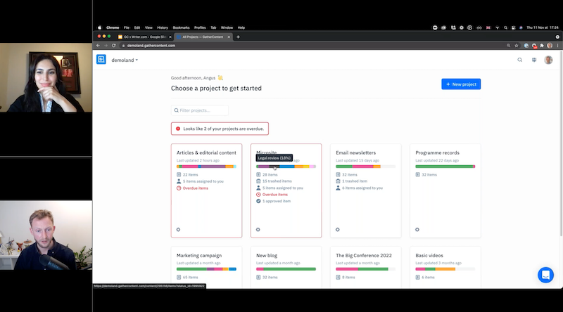 Screenshot from the webinar of the GatherContent dashboard