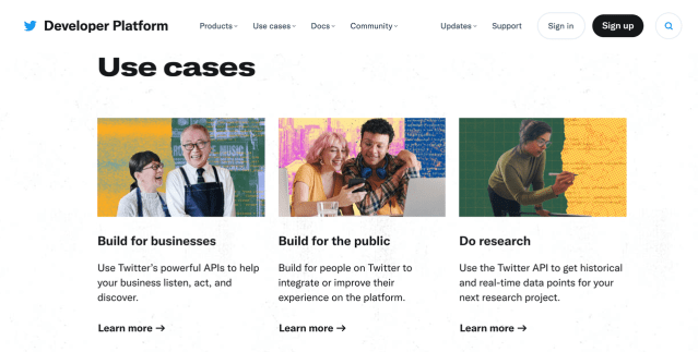 A screenshot of the Twitter Developer Platform website that includes technical writing content. 