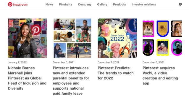 A screenshot of Pinterest's Newsroom that shows public relations copy/articles about subjects that may be of interest to journalists.