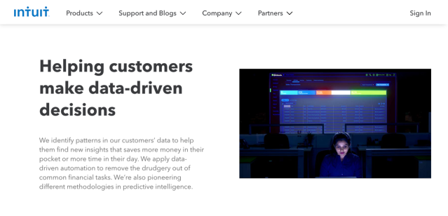 A screenshot of Intuit.com's website copy that explains how the company's products helps customers make data-driven decisions. 