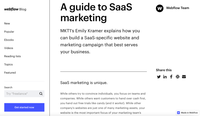 A screenshot of the Webflow blog that shows a guide to marketing for SaaS companies.