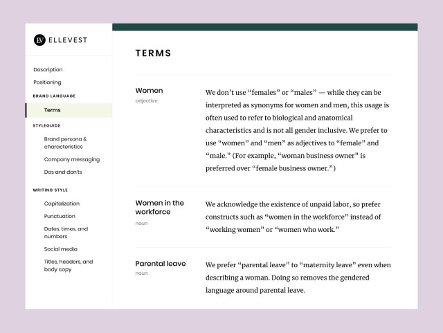 A sample of terms from Ellevest’s styleguide