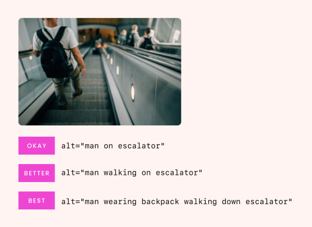 Examples of “okay,” “better,” and “best” alt text from Moz