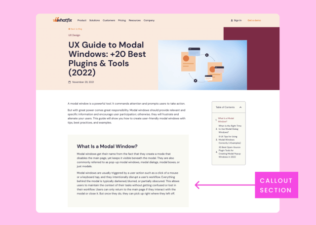 A screenshot of Whatfix's blog post, UX Guide to Modal Windows, that includes a callout section with the title “What Is a Modal Window?”