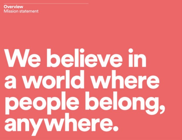 Airbnb mission statement: We believe in a world where people belong, anywhere