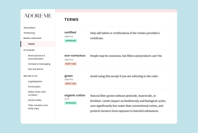 A sample of terms from Adore Me’s sustainability style guide