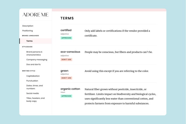 A sample of terms from Adore Me’s sustainability style guide