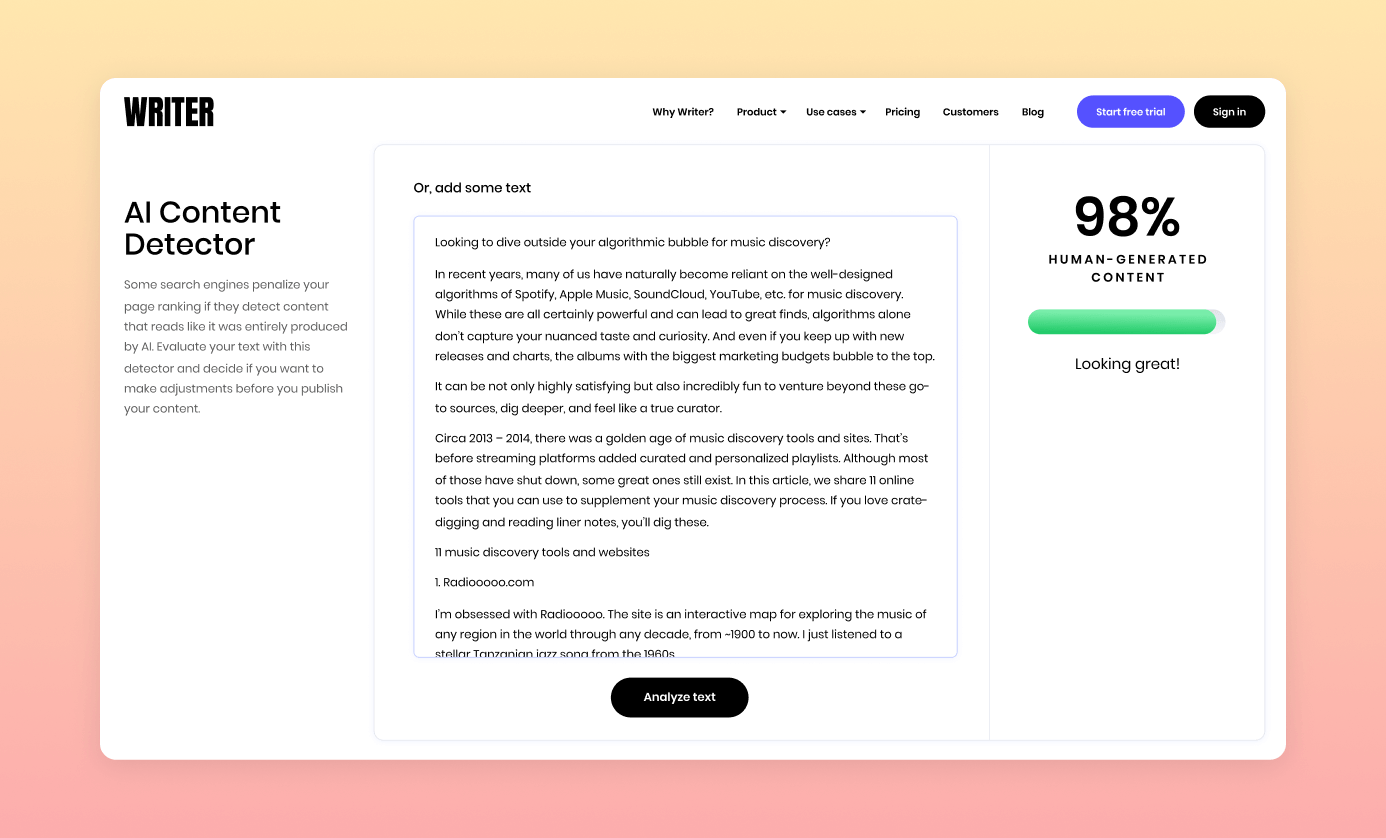 Writer's AI Content Detector tool.