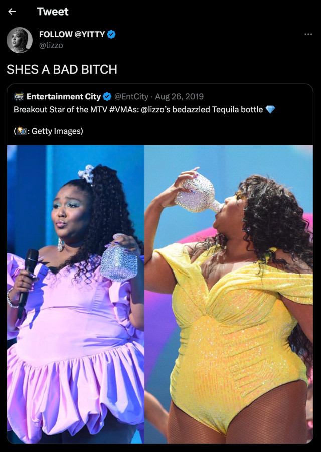 Twitter from Lizzo post featuring Lizzo at the Grammy's with her diamond crusted tequila bottle. The caption reads: SHES A BAD BITCH