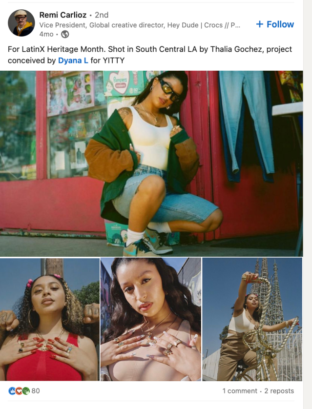 Linkedin post from Remi Carlioz featuring a Latinx model in Yitty streetwear. Caption reads "For LatinX Heritage Month. Shot in South Central LA by Thalia Gochez, project conceived by Dyana L for Yitty"