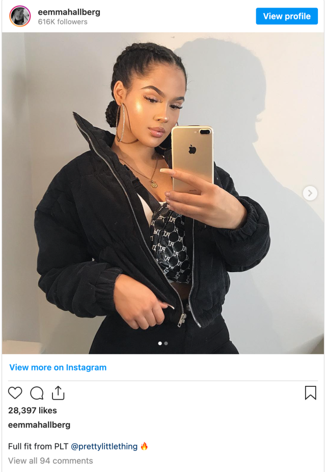 Instagram post from @eemmahallberg, a white Swedish model, whose skin is darkened with bronzer, who is wearing her hair, dyed black, in a Black women's braided style, and who has lined her lips to look plumper than her natural lipshape. Caption: "Full fit from PLT" 