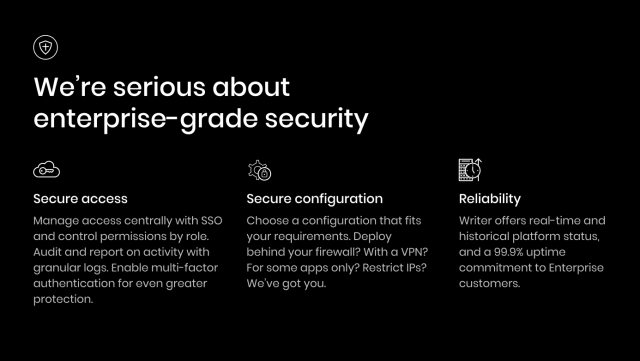 The enterprise-grade security and privacy features on the Writer platform help mitigate many risks associated with generative AI.