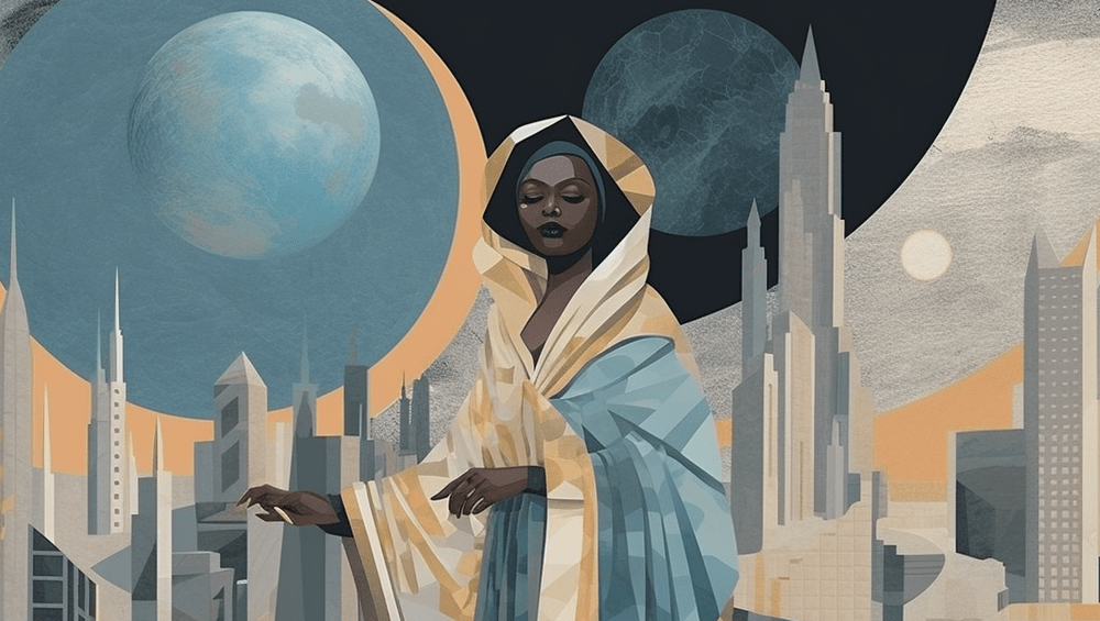 Paper collage illustration. Pastel colors. A female, Black philosopher wearing a Greek robe and holding a lantern over laborers. Futuristic cityscape.