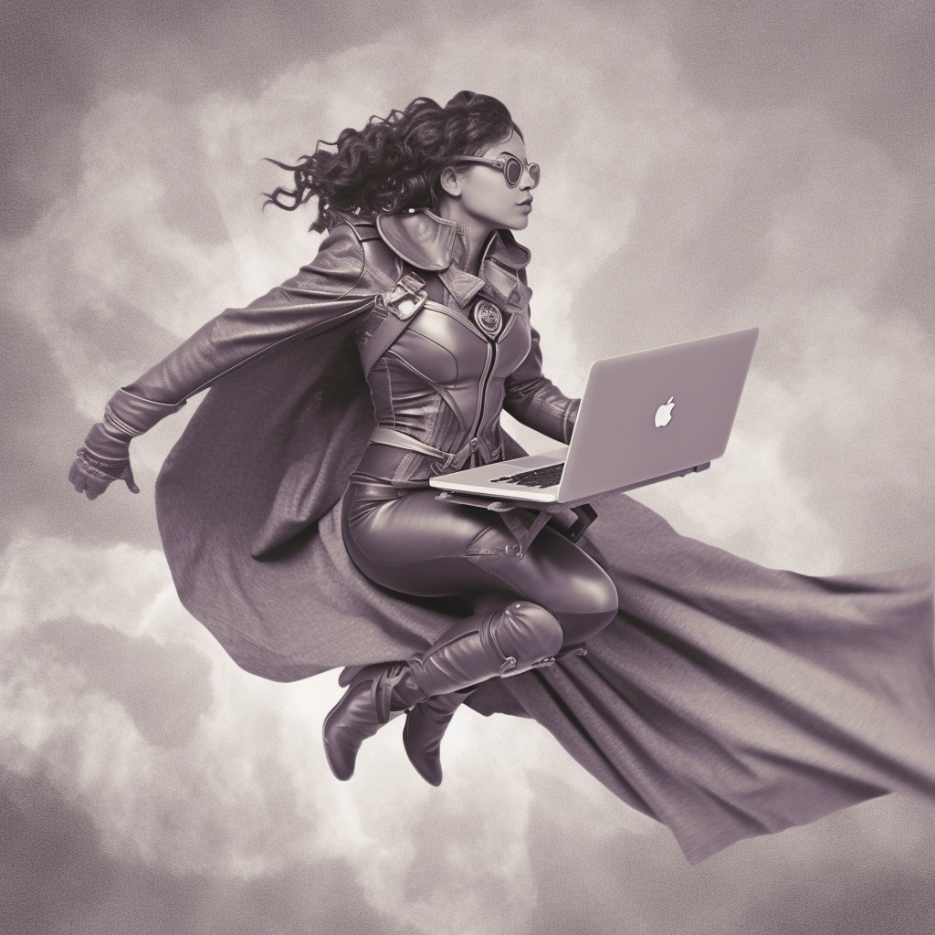 Woman in dark coat is flying with laptop, in the style of fantasy-inspired art, superheroes, dark silver and light purple, sepia tone 