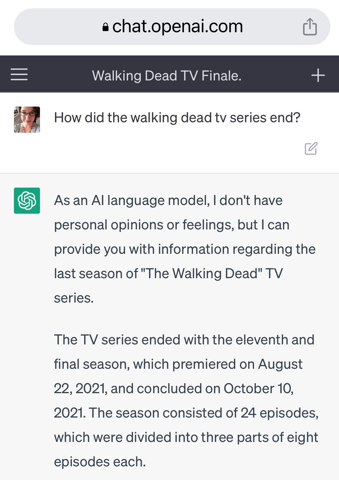 ChatGPT question: How did the walking dead tv series end?