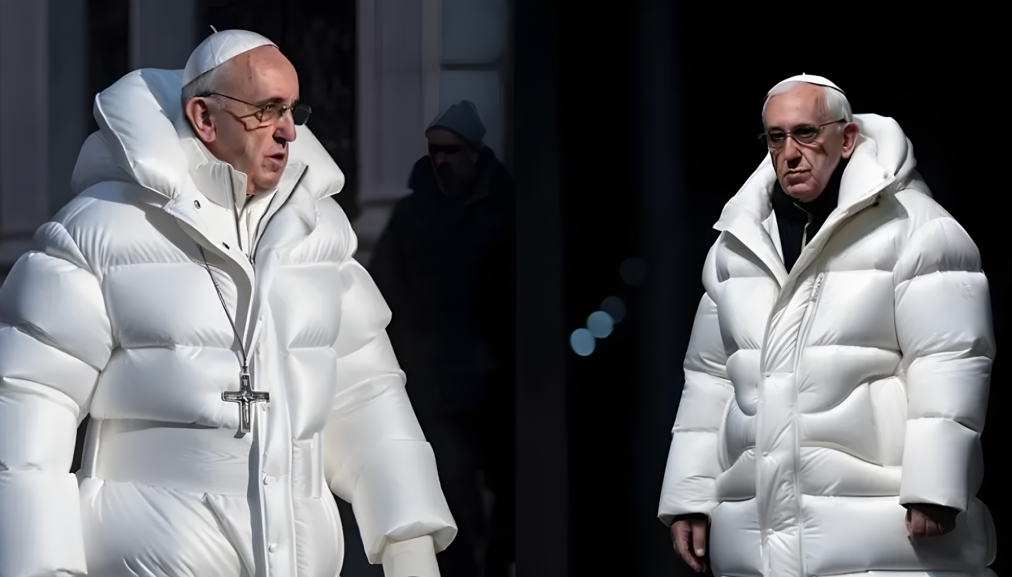 AI generated image of the Pope wearing a white puffer jacket.
