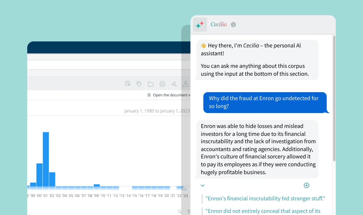 A look at DISCO Cecilia:
Hey there, I'm Cecilia – the personal Al assistant!

You can ask me anything about this corpus using the input at the bottom of this section.

Why did the fraud at Enron go undetected for so long?

Enron was able to hide losses and mislead investors for a long time due to its financial inscrutability and the lack of investigation from accountants and rating agencies. Additionally, Enron's culture of financial sorcery allowed it to pay its employees as if they were conducting hugely profitable business.

Supporting documents (by relevance):
"Enron's financial inscrutability hid stranger stuff."
"Enron did not entirely conceal that aspect of its business."