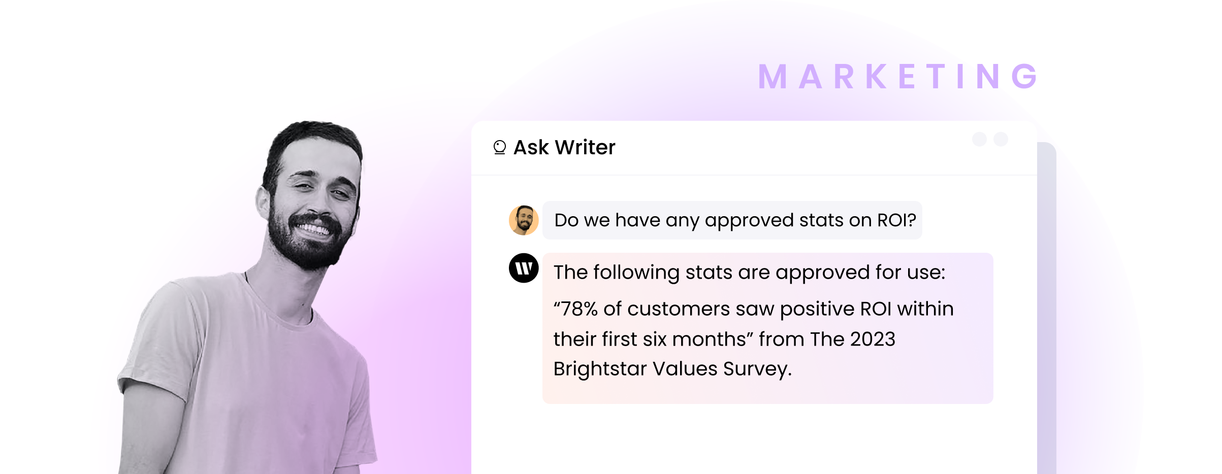 Marketing person using Ask Writer. Question: Do we have any approved stats on ROI? Response: The following stats are approved for use: 
“78% of customers saw positive ROI within their first six months” from The 2023 Brightstar Values Survey.