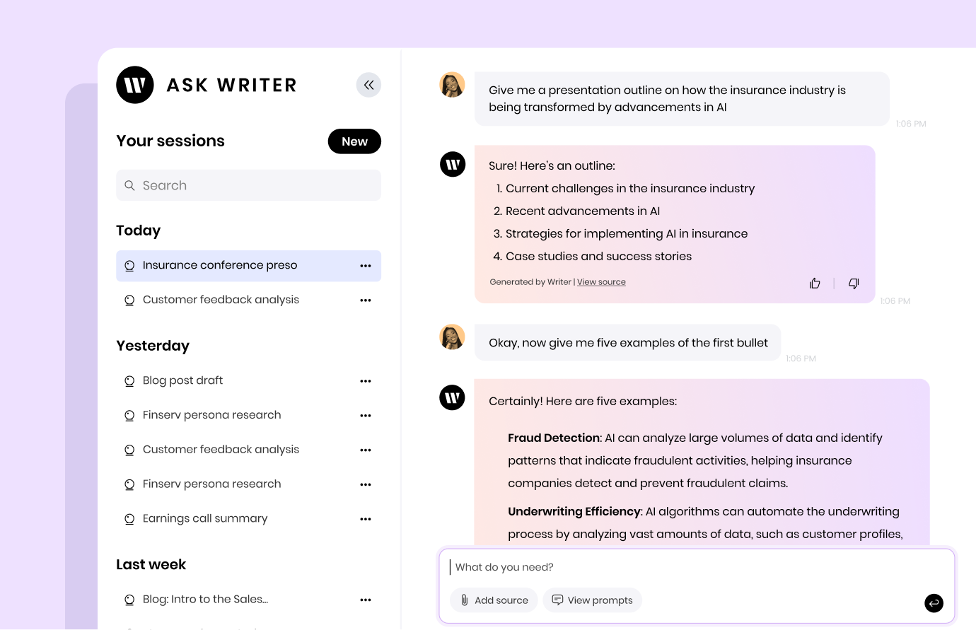 Example chat session in the new Ask Writer
