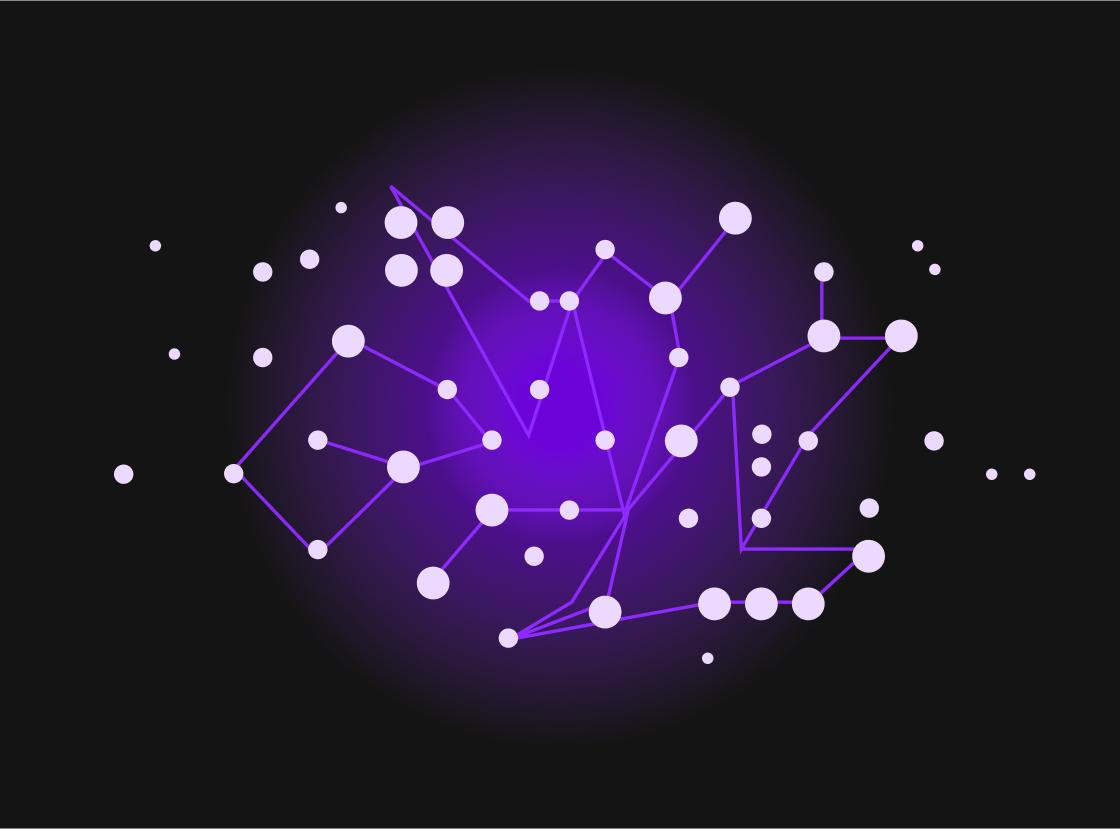 Geometric image showing a constellation pattern connecting circles and lines in shades of purple