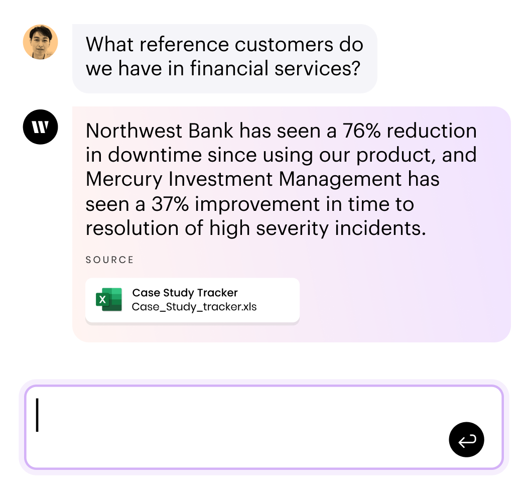 Chat-messaging conversation with AI discussing reference customers at a technology company