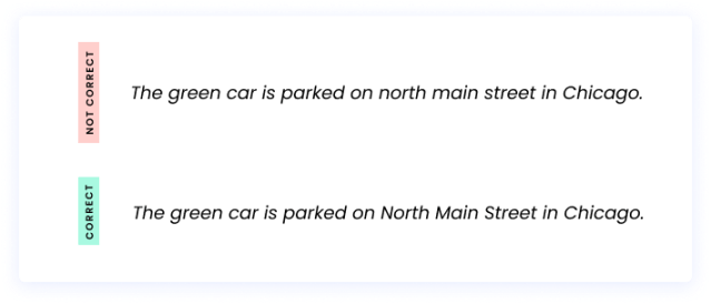Correct: The green car is parked on North Main Street in Chicago. Incorrect: The green car is parked on north main street in Chicago.