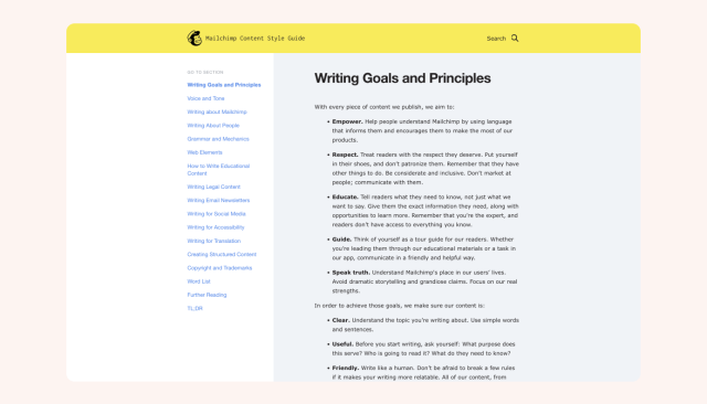 Mailchimp content style guide - writing goals and principles