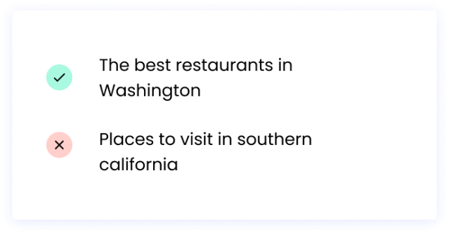 Correct: The best restaurants in Washington Incorrect: Places to visit in southern california